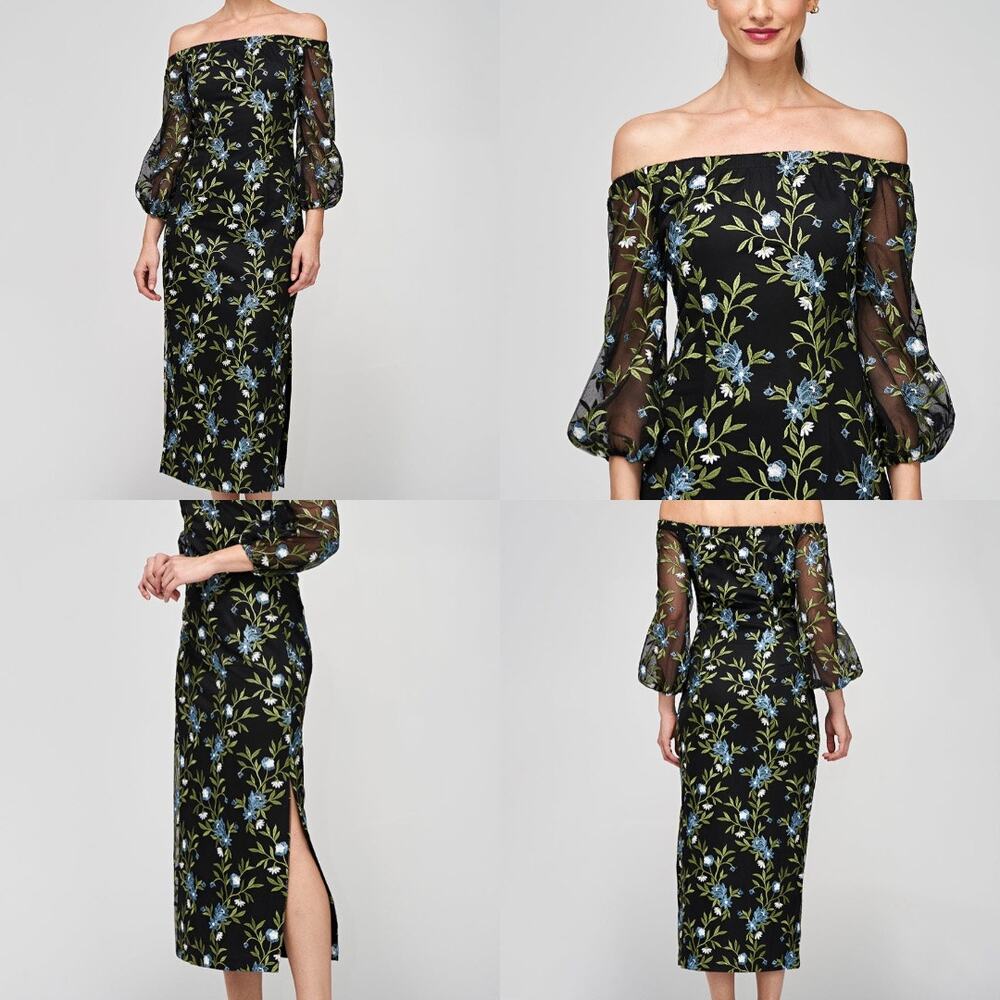 NWT JS Collections Cali Dress 0 Embroidered Floral Off Shoulder Romantic Formal